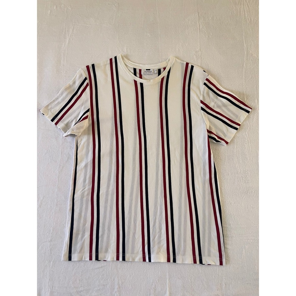 Topman Mens XL Vertical Stripe T-Shirt Navy Burgundy White Pique Knit Tee